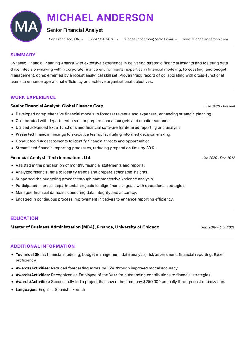 Financial Planning Analyst Resume Preview Example