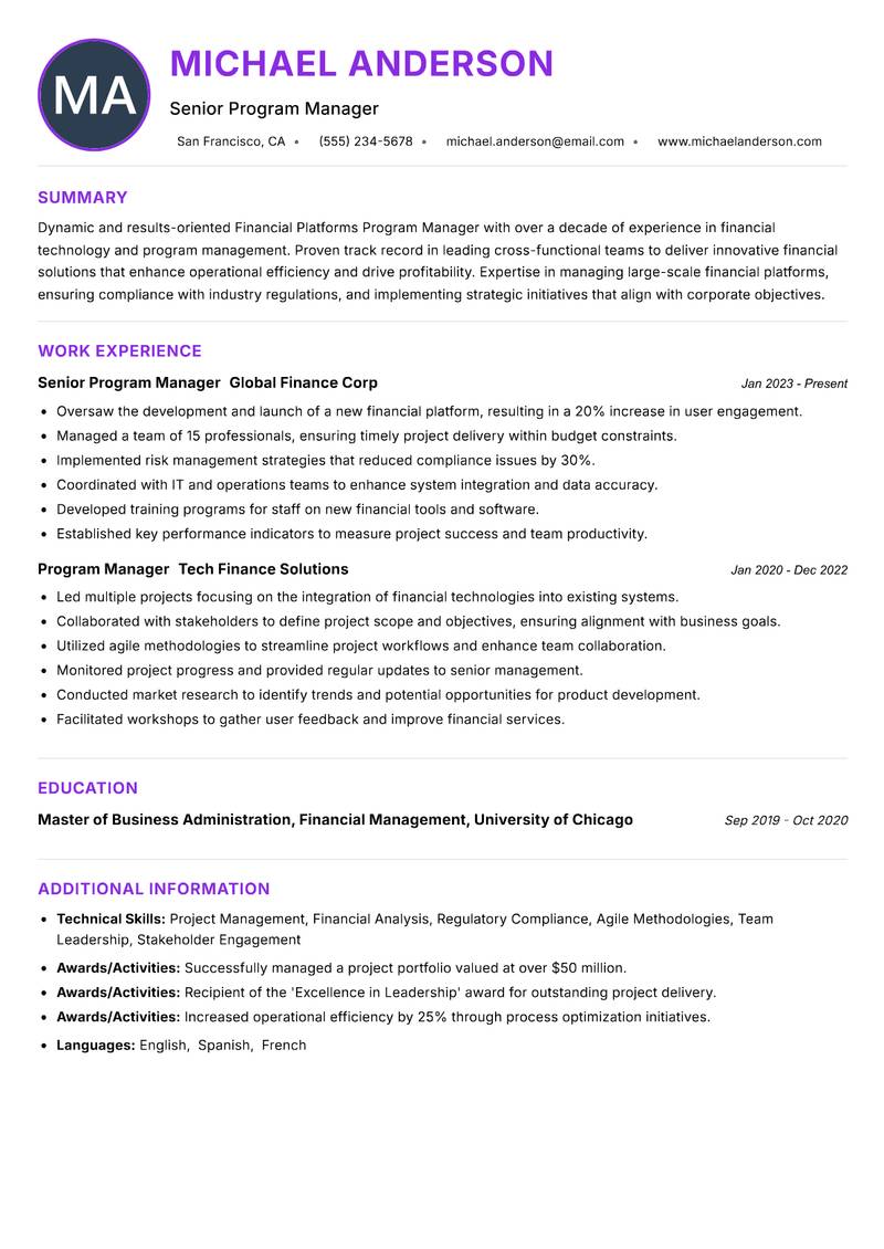 Financial Platforms Program Manager Resume Preview Example