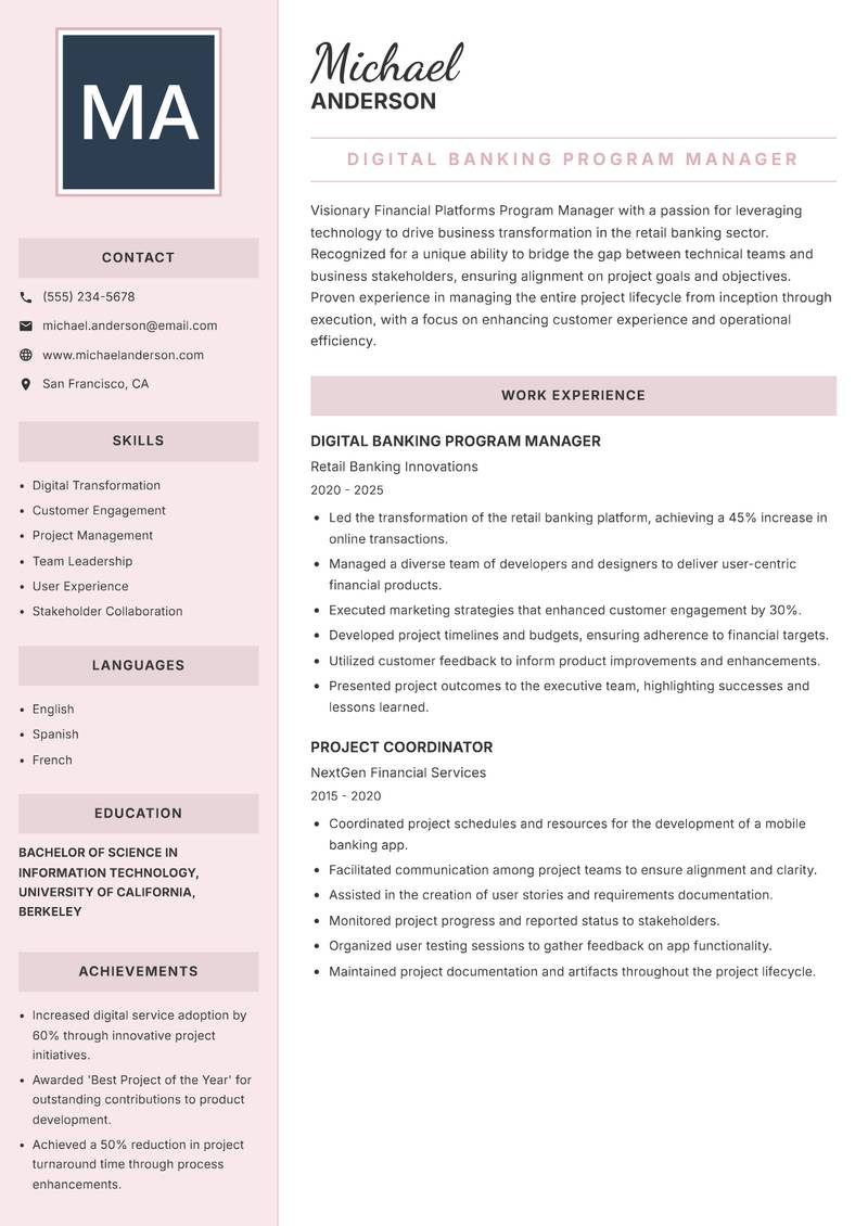 Financial Platforms Program Manager Resume Preview Example