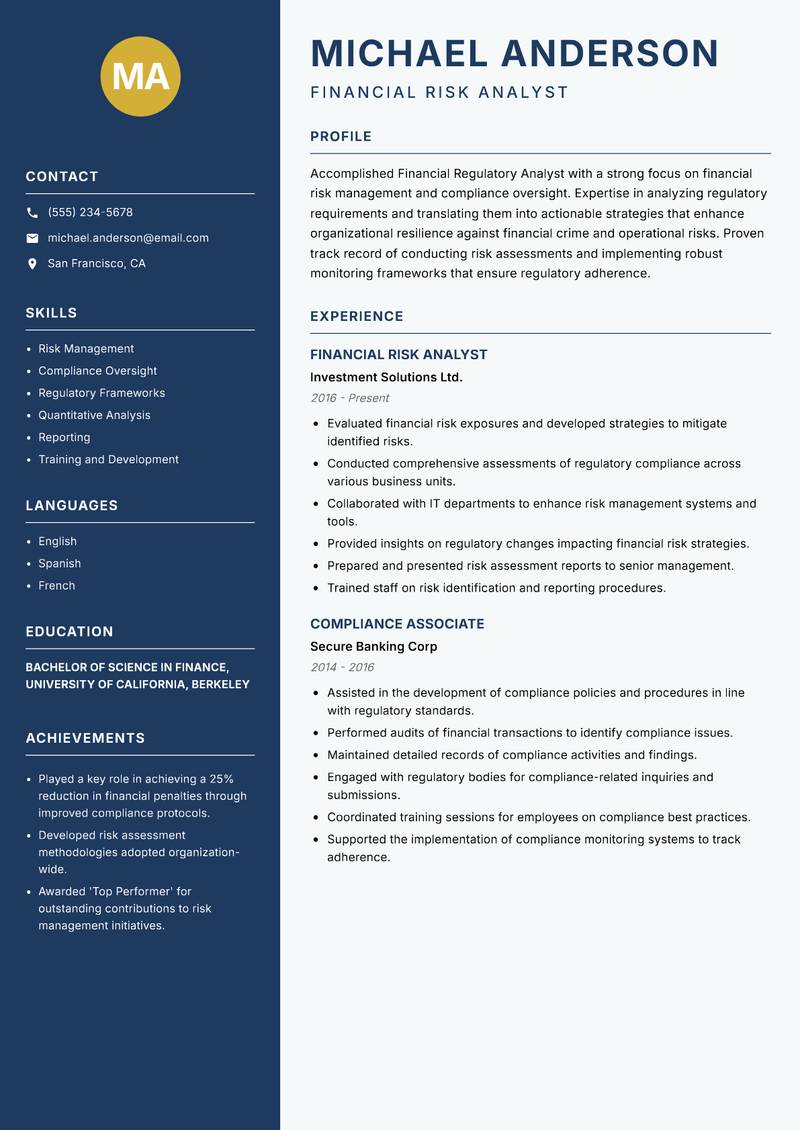 Financial Regulatory Analyst Resume Preview Example