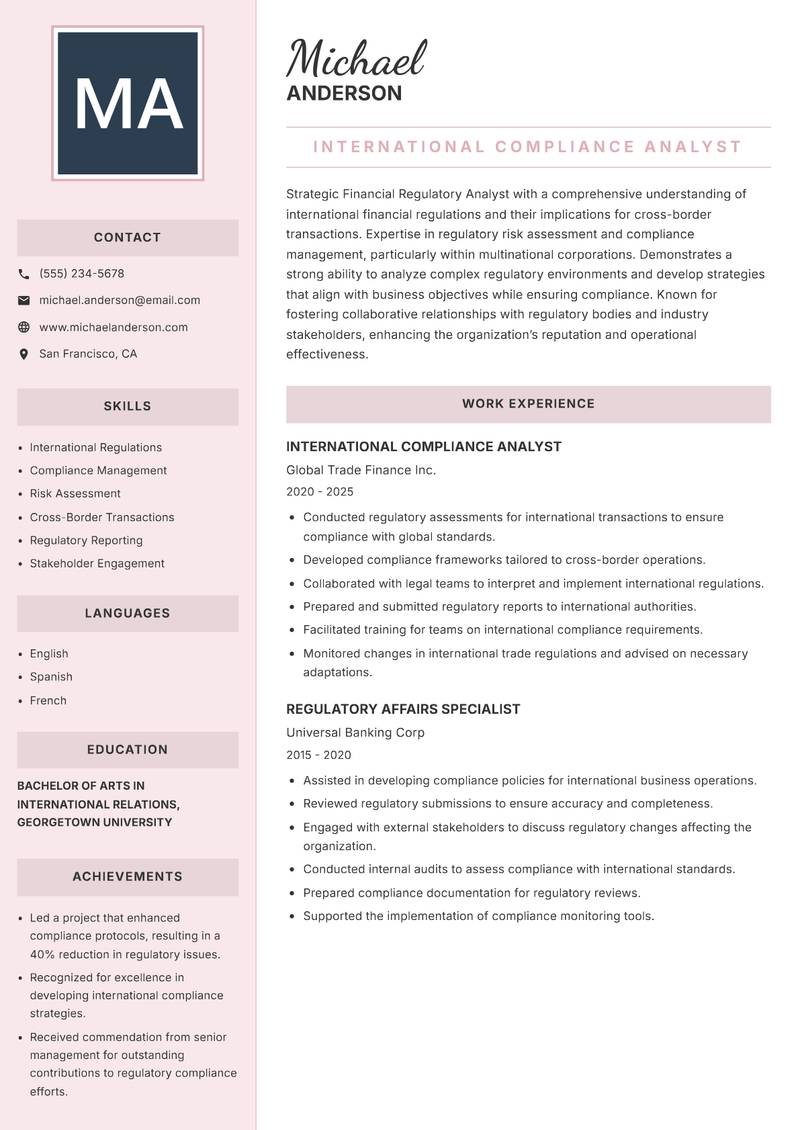 Financial Regulatory Analyst Resume Preview Example