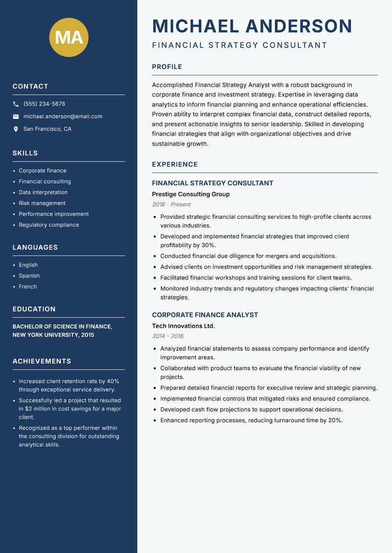 Financial Strategy Analyst Resume Preview Example