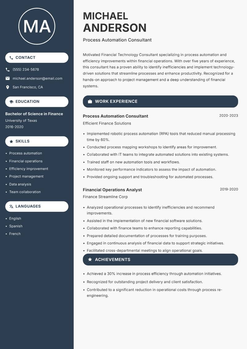 Financial Technology Consultant Resume Preview Example