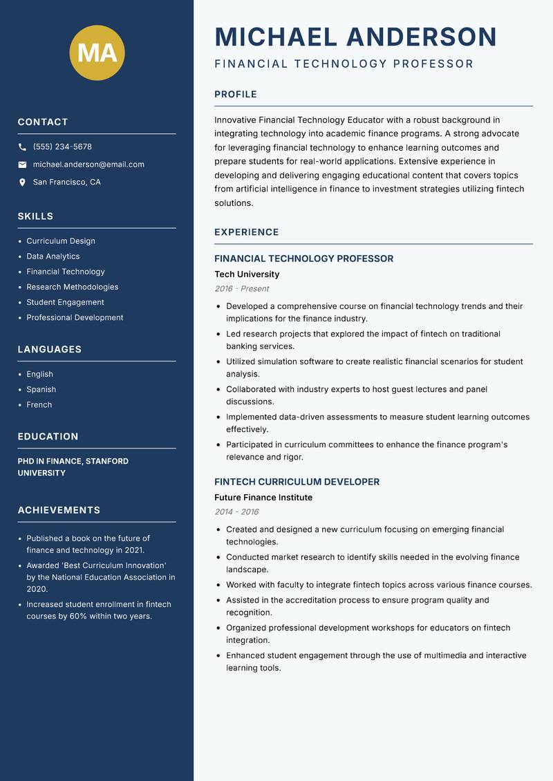 Financial Technology Educator Resume Preview Example