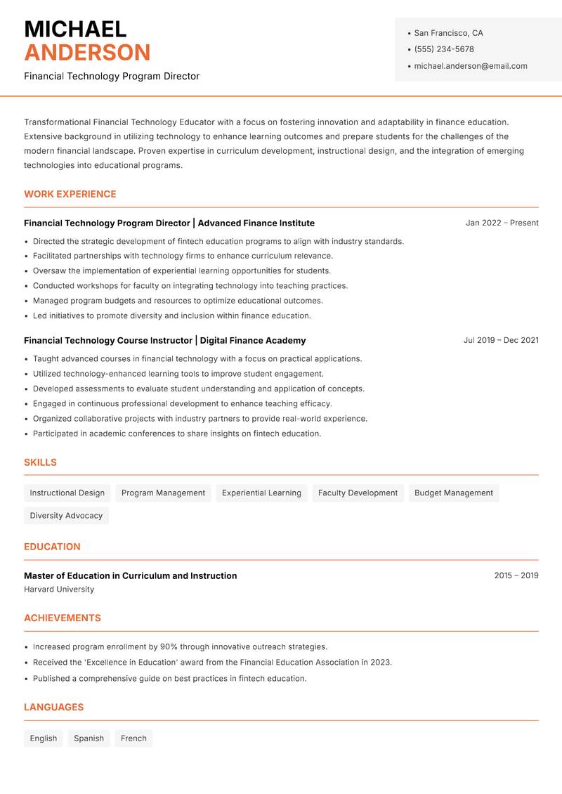 Financial Technology Educator Resume Template