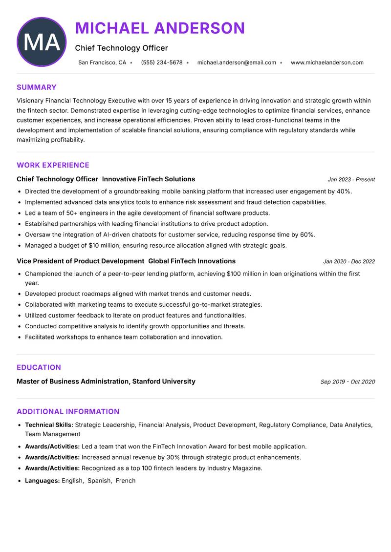 Financial Technology Executive Resume Preview Example