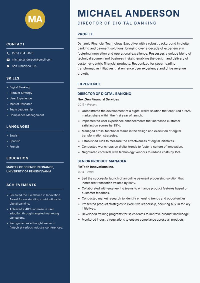 Financial Technology Executive Resume Preview Example