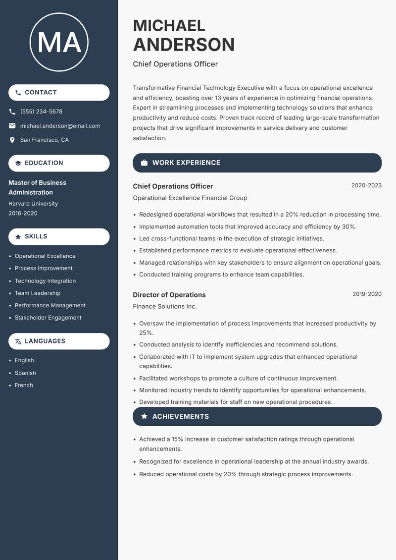 Financial Technology Executive Resume Preview Example