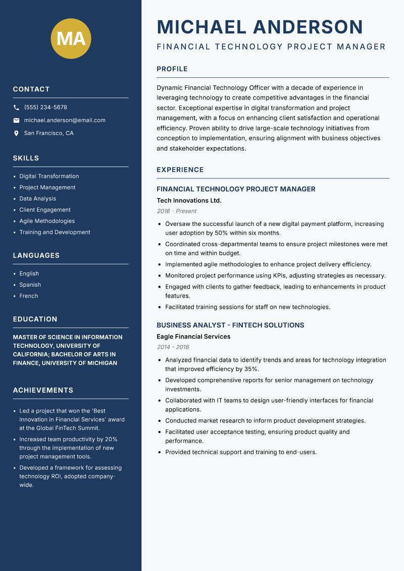 Financial Technology Officer Resume Preview Example