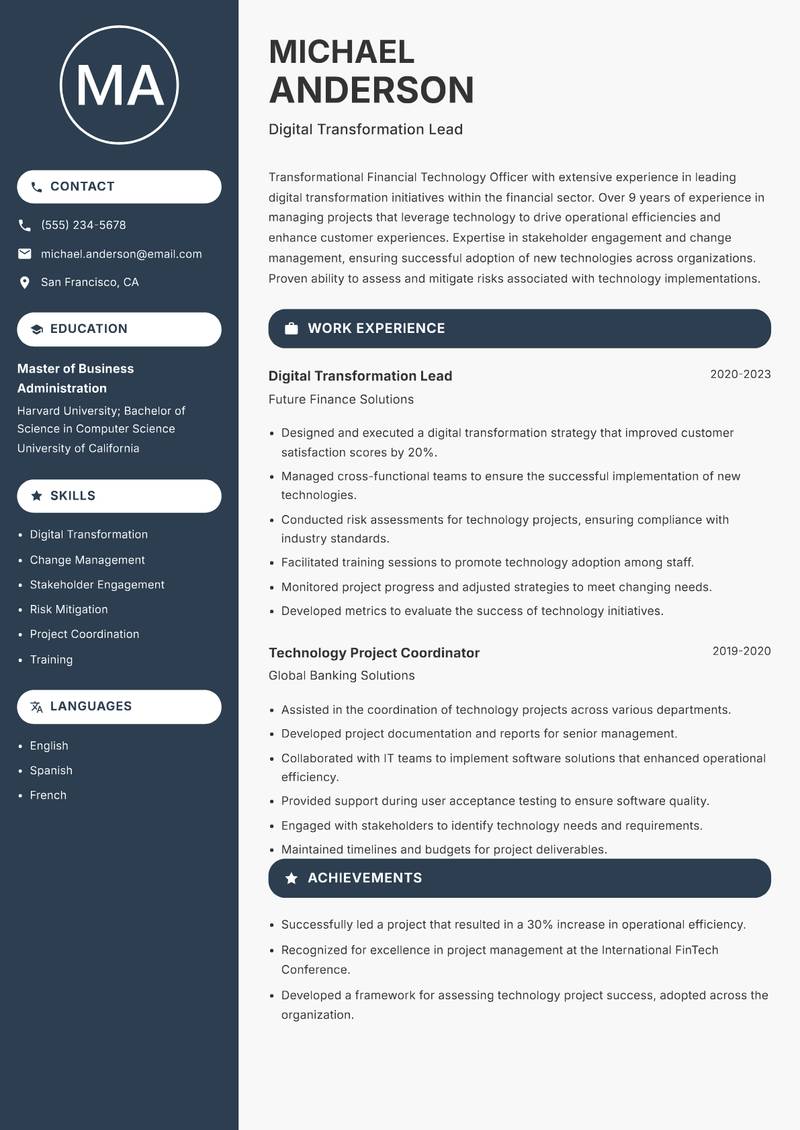 Financial Technology Officer Resume Preview Example