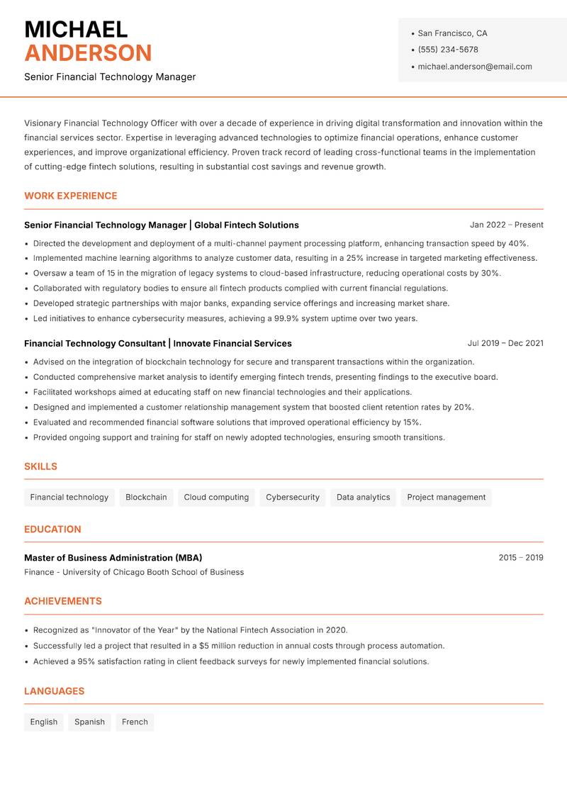 Financial Technology Officer Resume Template