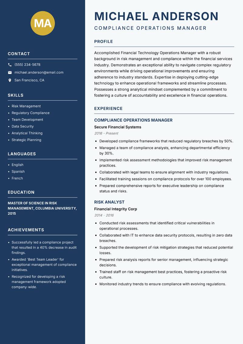 Financial Technology Operations Manager Resume Preview Example