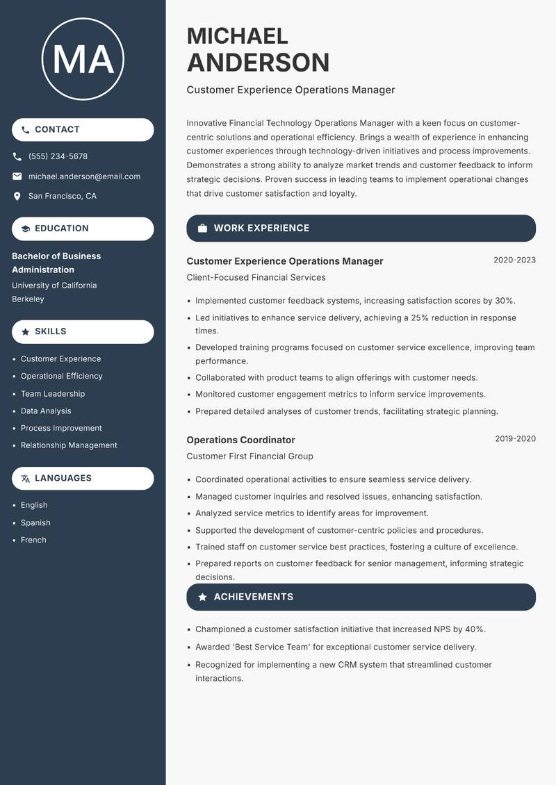 Financial Technology Operations Manager Resume Preview Example
