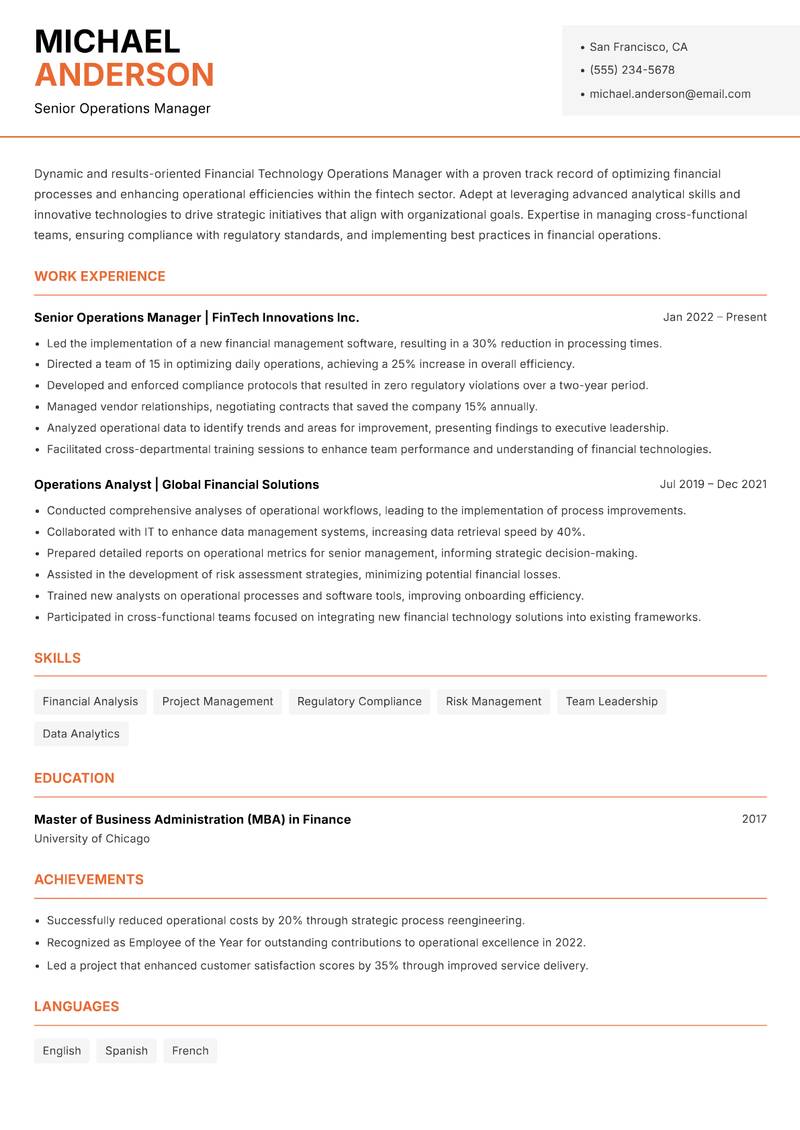 Financial Technology Operations Manager Resume Template