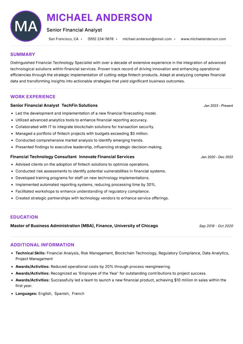Financial Technology Specialist Resume Preview Example