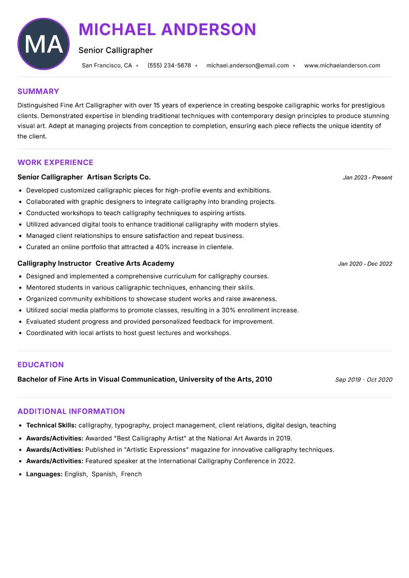 Fine Art Calligrapher Resume Preview Example