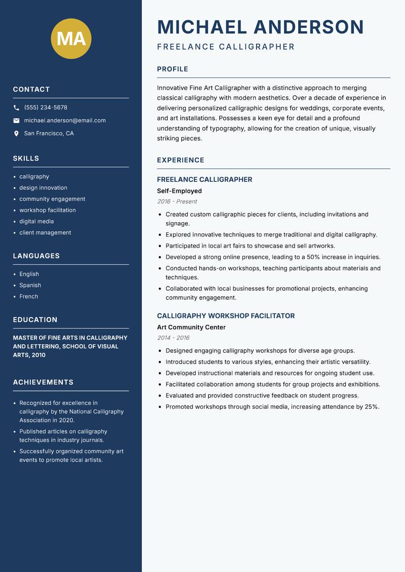 Fine Art Calligrapher Resume Preview Example
