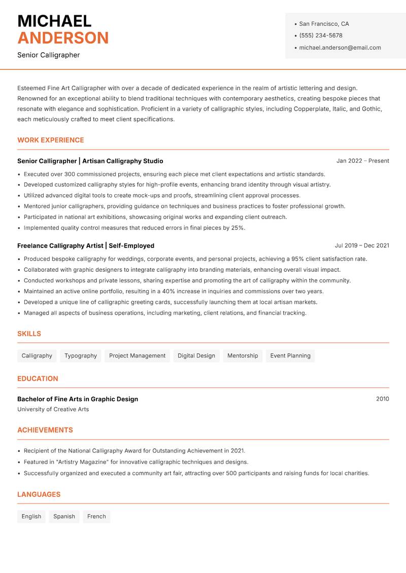 Fine Art Calligrapher Resume Template