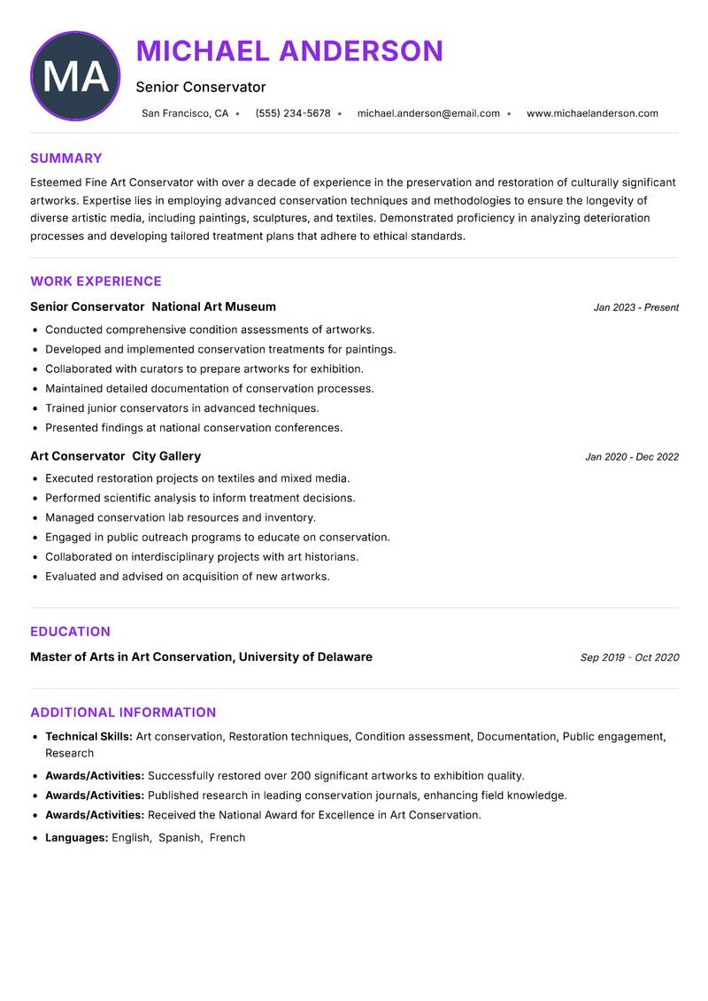 Fine Art Conservator Resume Preview Example