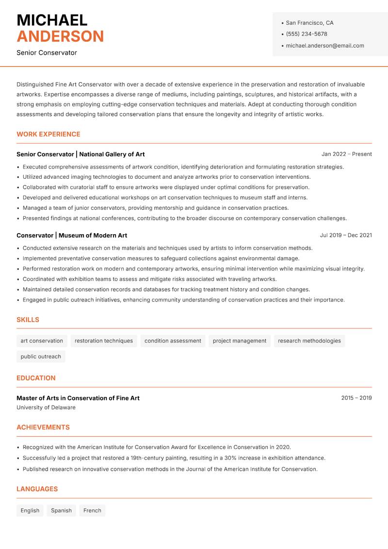 Fine Art Conservator Resume Template