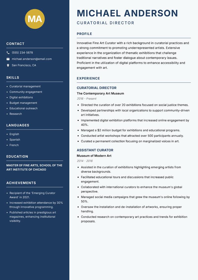 Fine Art Curator Resume Preview Example
