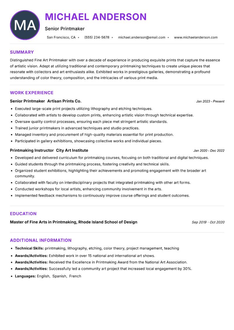 Fine Art Printmaker Resume Preview Example