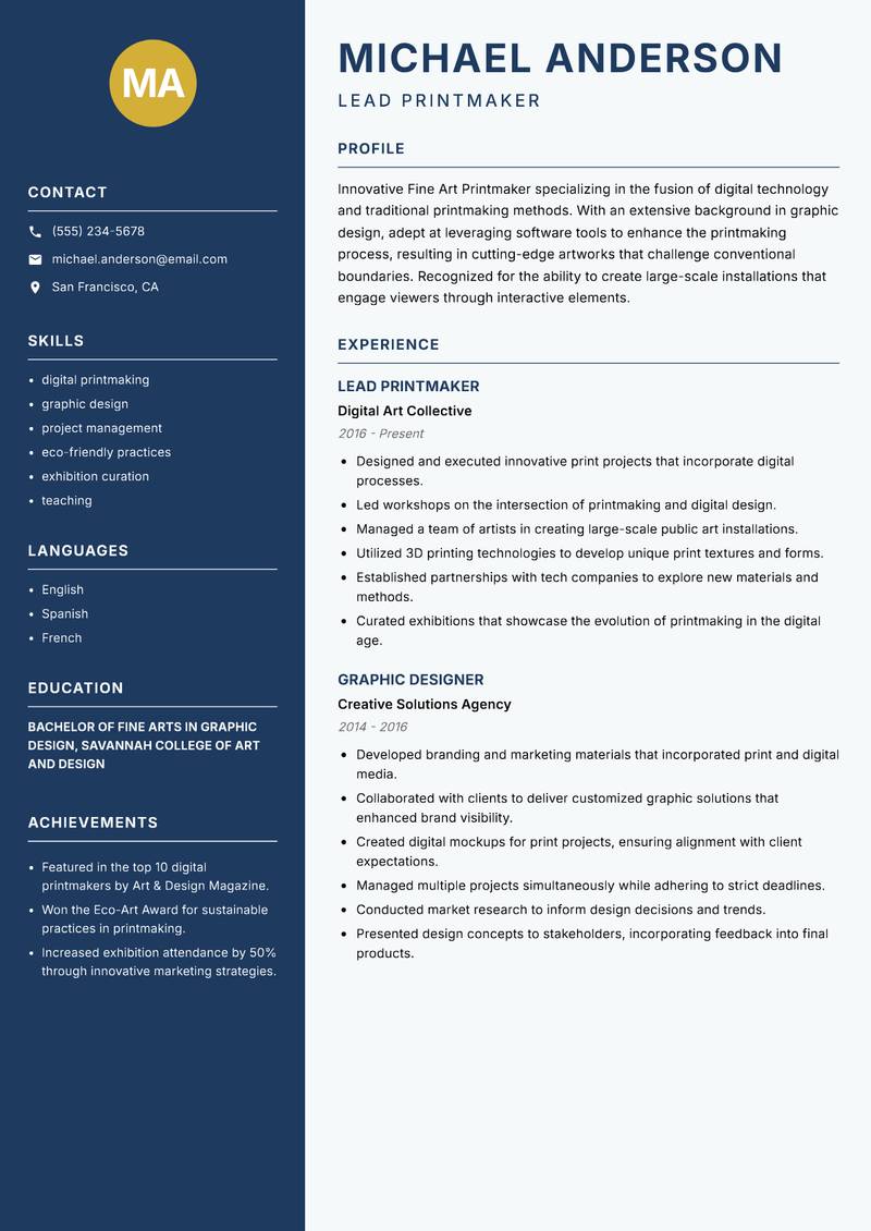 Fine Art Printmaker Resume Preview Example