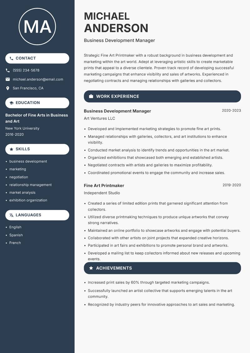 Fine Art Printmaker Resume Preview Example