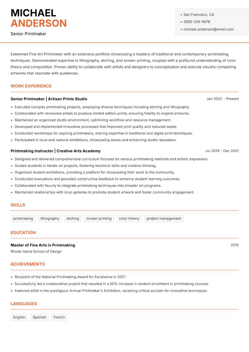 Fine Art Printmaker Resume Template