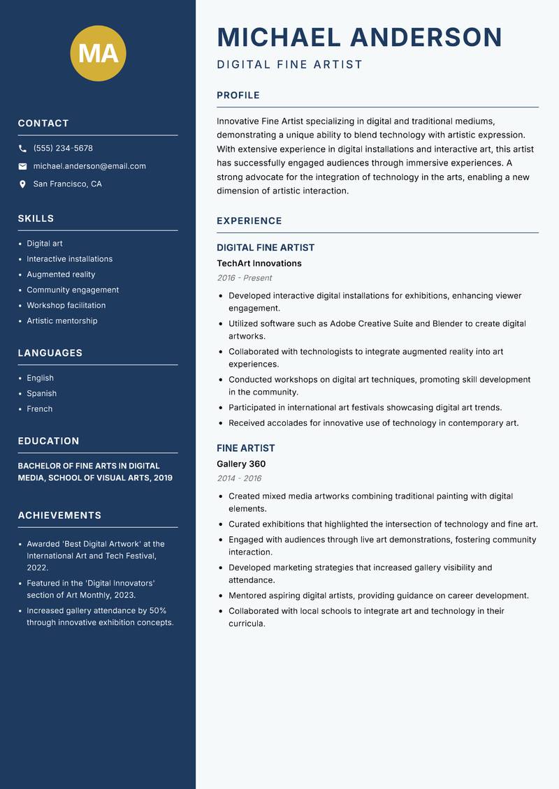 Fine Artist Resume Preview Example