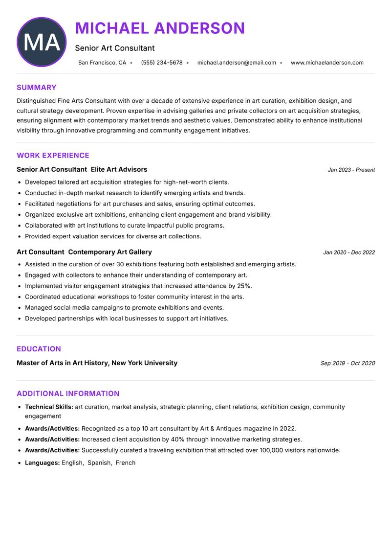 Fine Arts Consultant Resume Preview Example