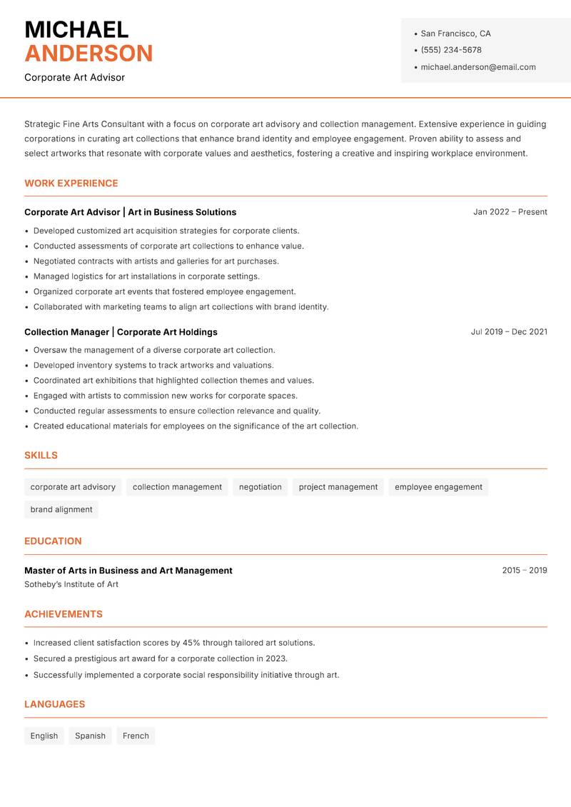 Fine Arts Consultant Resume Template