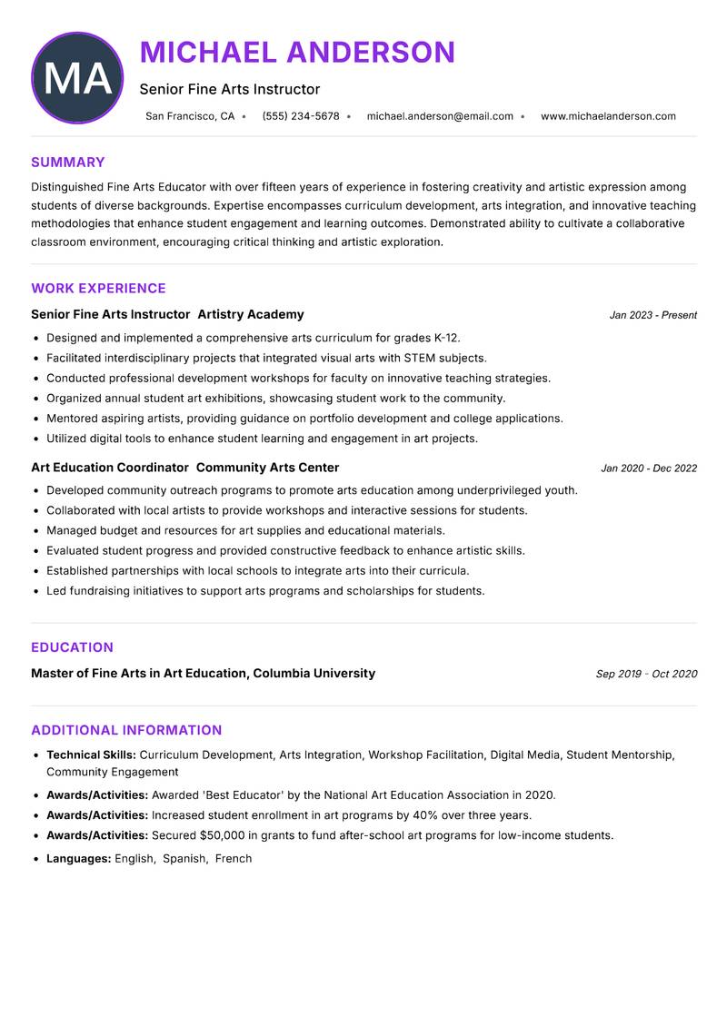 Fine Arts Educator Resume Preview Example
