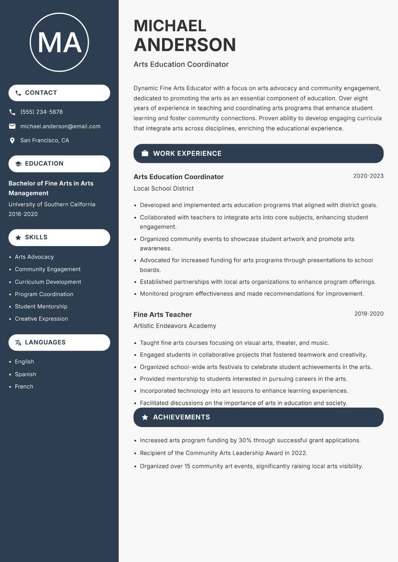 Fine Arts Educator Resume Preview Example