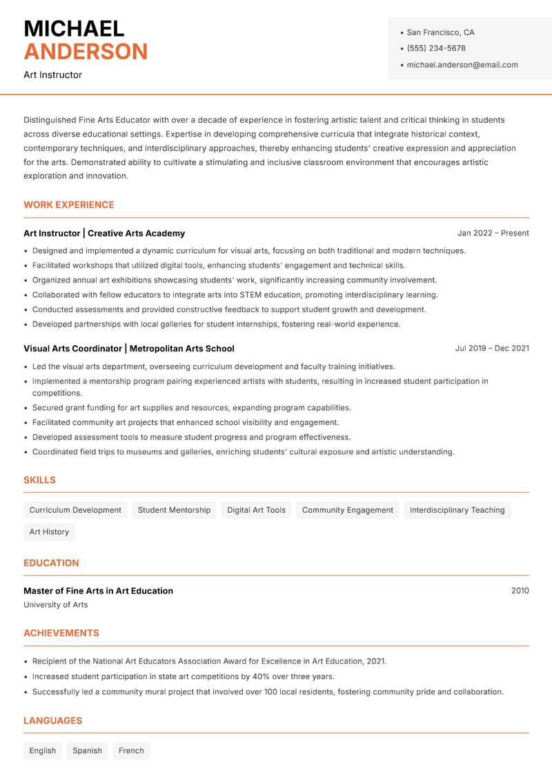 Fine Arts Educator Resume Template