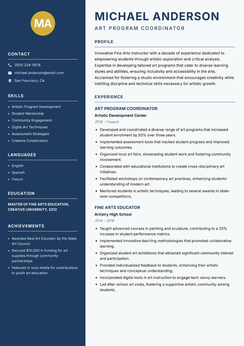 Fine Arts Instructor Resume Preview Example