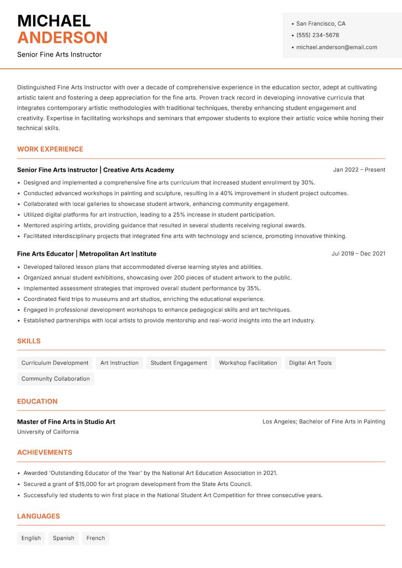 Fine Arts Instructor Resume Template