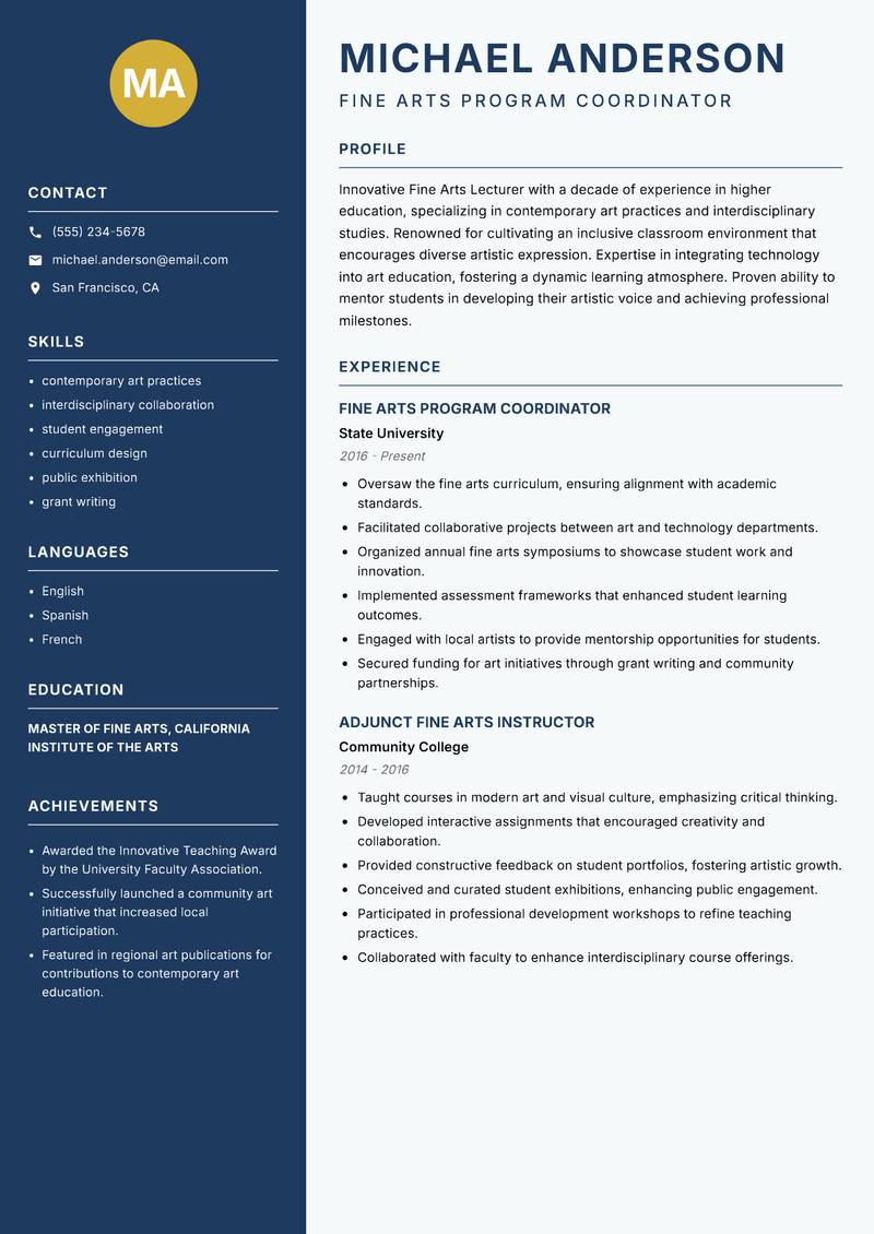 Fine Arts Lecturer Resume Preview Example