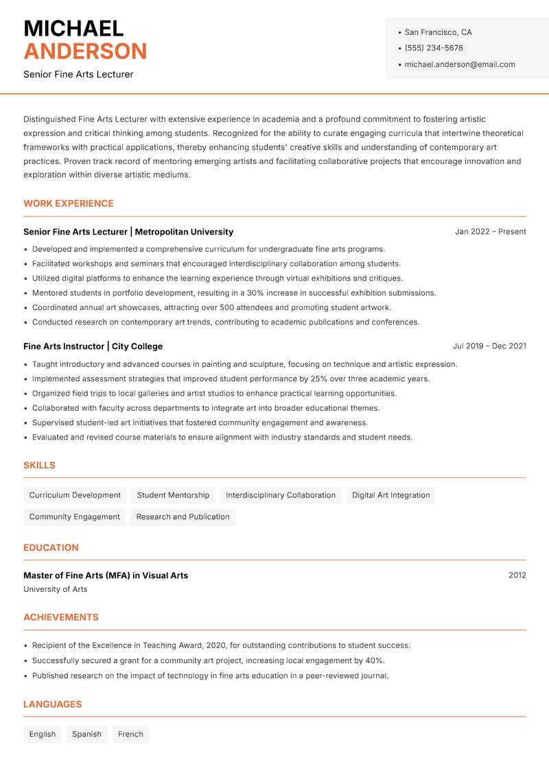 Fine Arts Lecturer Resume Template