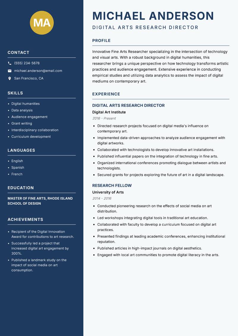 Fine Arts Researcher Resume Preview Example