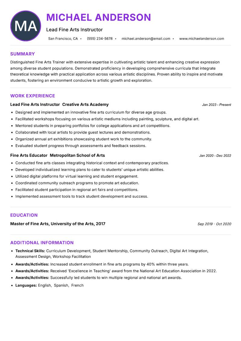 Fine Arts Trainer Resume Preview Example