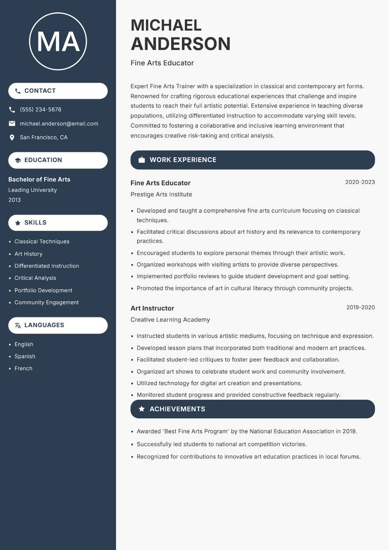 Fine Arts Trainer Resume Preview Example