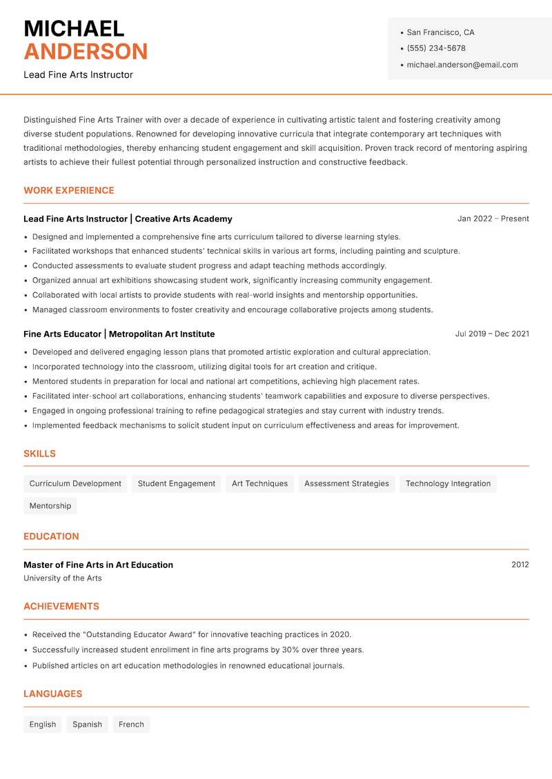 Fine Arts Trainer Resume Template