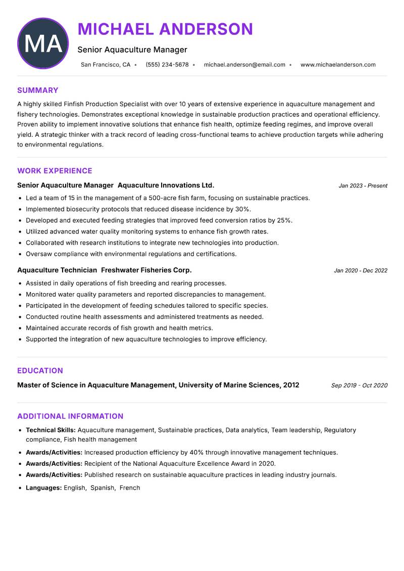 Finfish Production Specialist Resume Preview Example