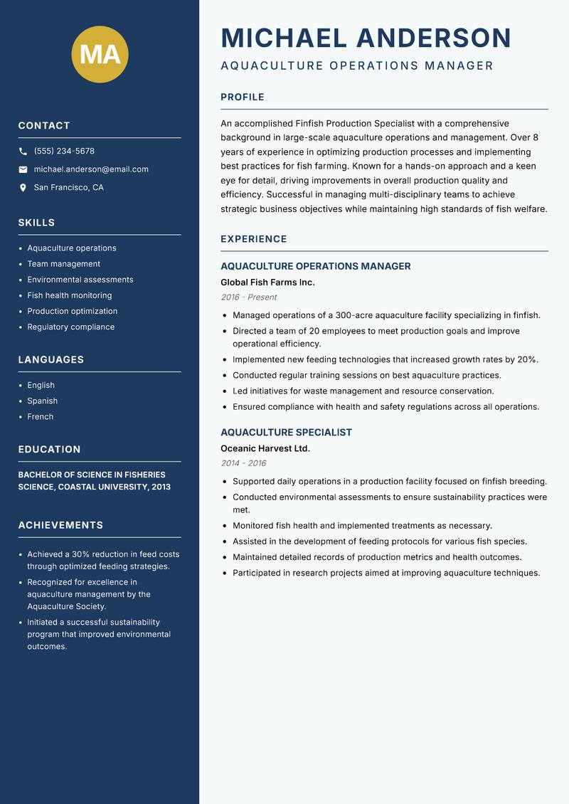 Finfish Production Specialist Resume Preview Example