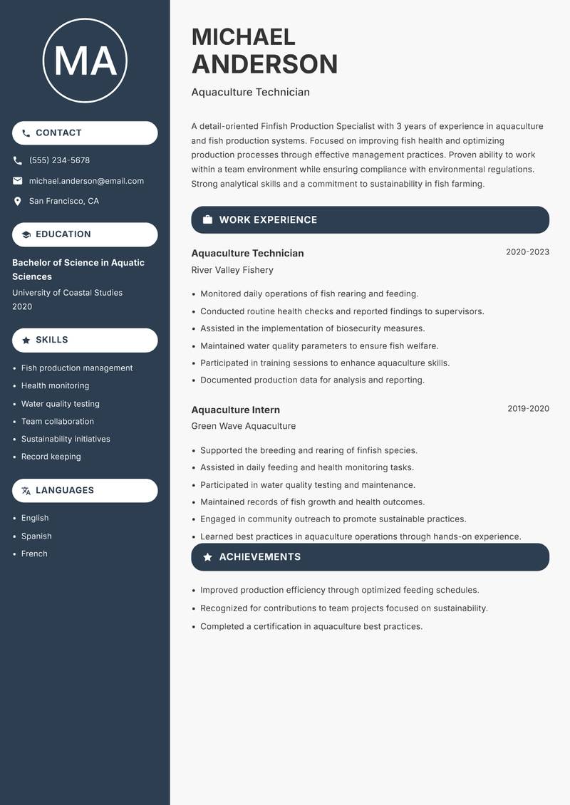 Finfish Production Specialist Resume Preview Example