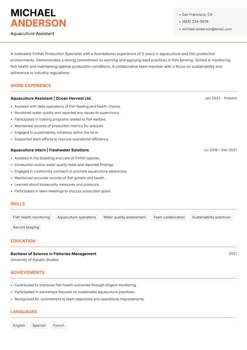 Finfish Production Specialist Resume Template