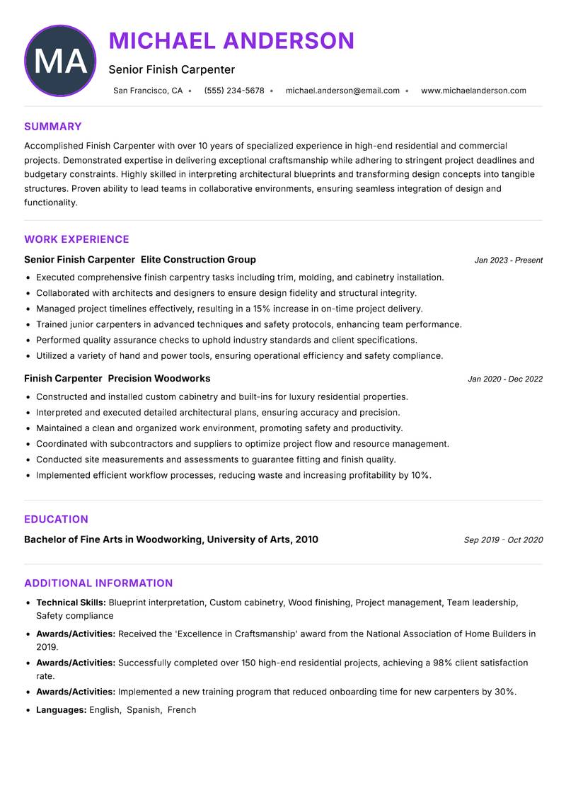 Finish Carpenter Resume Preview Example