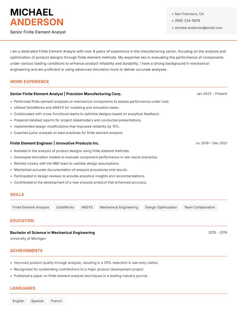 Finite Element Analyst Resume Template