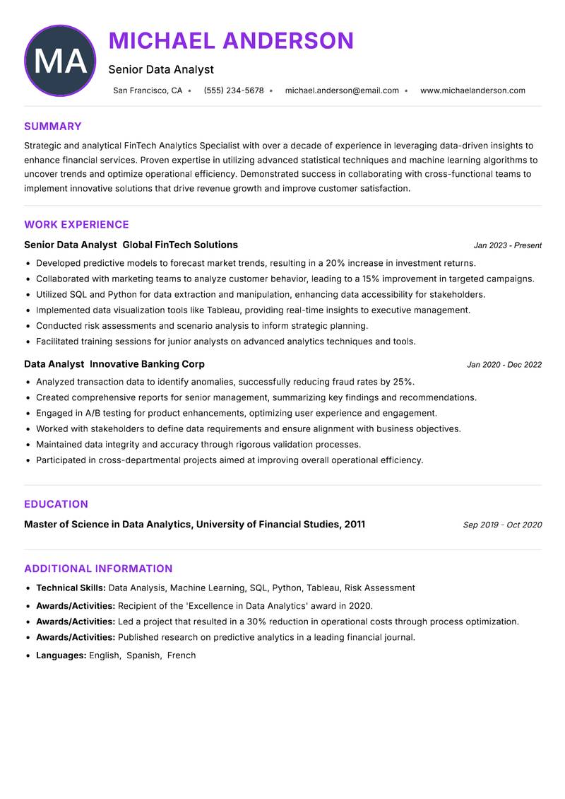 FinTech Analytics Specialist Resume Preview Example